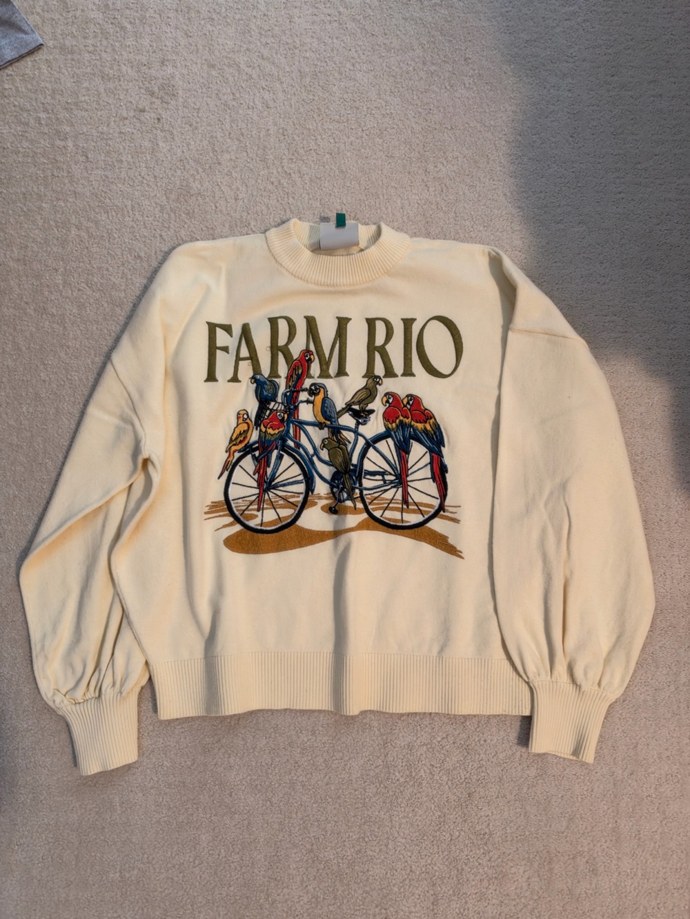 FARM Rio Cream Crewneck Sweater with Colorful Parrot Bicycle